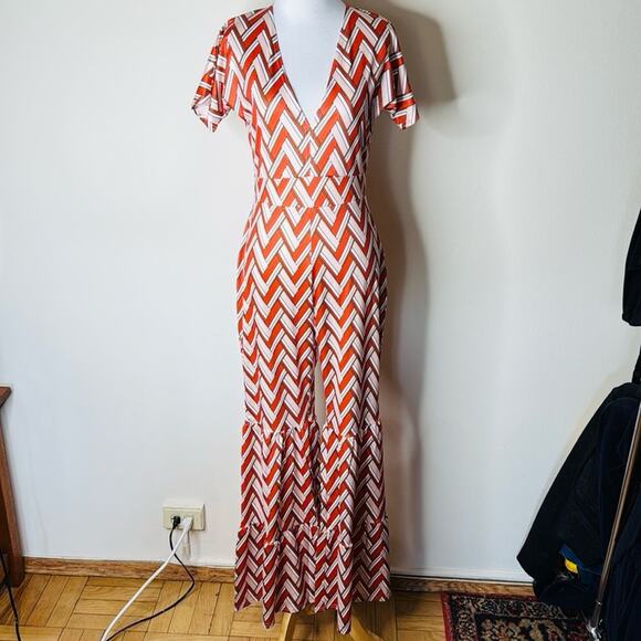 Orange and White Chevron Print 70’s Style Flare Leg Jumpsuit - Picture 2 of 10